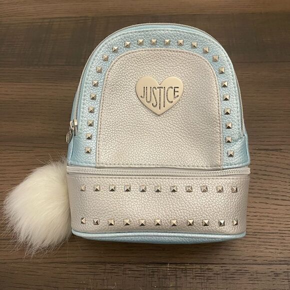 Justice Pebbled Studded Mini Backpack with White Pom Pom - Picture 1 of 9
